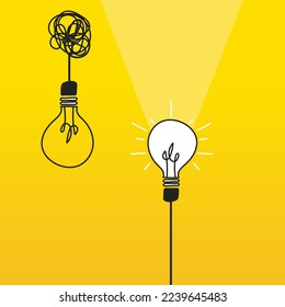 Concept of brainstorming and innovative ideas. Light bulbs on a yellow background, creative process. Leadership and entrepreneurship