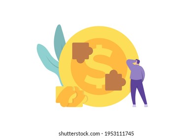 the concept of brainstorming, problem solving, strategy. illustration of a businessman thinking of solving a puzzle. put the puzzle pieces together. flat style. people illustration vector design