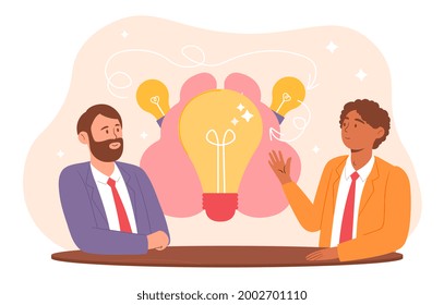 Concept of brainstorming. Two men are sitting at a table, coming up with various ideas and choosing the best one. Brain and light bulbs. Cartoon flat vector illustration isolated on a white background