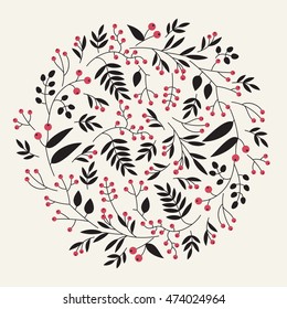 Concept with branches, berries and leaves in circle on light background. Hand drawn floral illustration. Vector illustration.