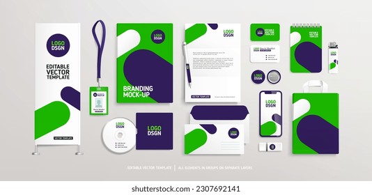Concept of Brand Identity Mock-Up set purple and green abstract design on Stationery items. Vector Stationary mockup template of vertical promotional banner, business brochure cover, shoping bag, etc 