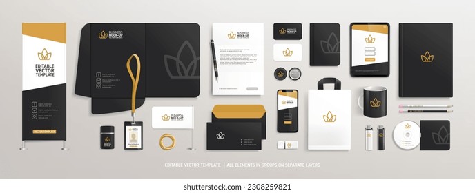 Concept of Brand Identity Mock-Up set with black and brown abstract design on Stationery. Business stationary mockup template of office items, vertical promotional banner, billboard, crown logo,  etc
