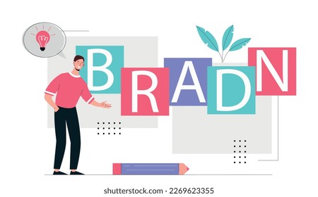 Concept of brand. Rebranding of company or organization, marketing and promotion on Internet. PR manager, creative personality. Man with inscription, corporate. Cartoon flat vector illustration