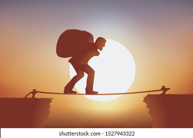 Concept of a brave man who crosses a precipice balancing on a rope, like a tightrope walker and carrying on his back a huge bag.