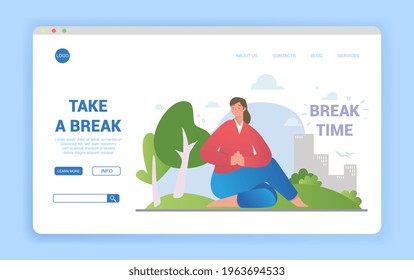 The concept of break during the working day with a girl sitting in the park against the backdrop of downtown and urban office skyscrapers. Website, web page template. Flat cartoon vector illustration.