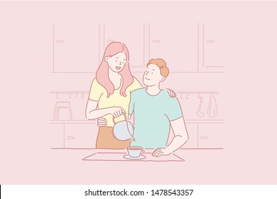 Concept of breakfast for a couple in love. Young beautiful man and woman hug each other with tender view eating in the kitchen. Simple flat vector.