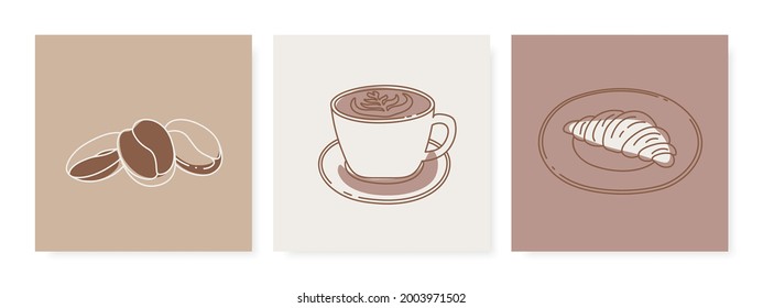 Concept breakfast illustration. Coffee and croissant. Vector set of aesthetic line art designs in minimalist style for social media posts.
