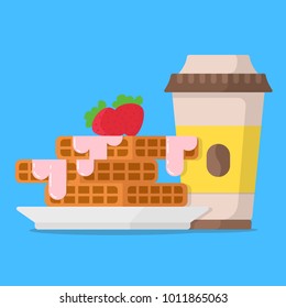 Concept breakfast waffles with strawberries jam and cup coffee