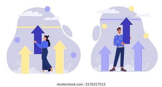 Concept of breaking limits. Male and female entrepreneurs raising arrows, destroying borders on way to business development. Overcoming obstacles. Cartoon flat vector set isolated on white background