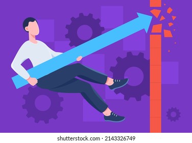 Concept of breaking limits. Young man holds arrow and breaks barrier in front of him. Entrepreneur overcomes obstacles, promotes and develops business. Cartoon contemporary flat vector illustration