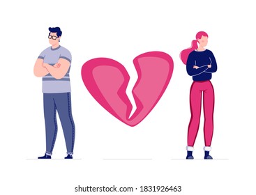 The concept of breaking the love relationship. Divorce. Former couple. Conflict between lovers. Broken heart. Parting a heterosexual couple. Vector. Illustration in a flat cartoon style.