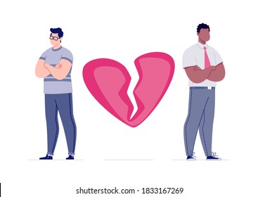 The concept of breaking the love relationship. Divorce. Former couple. Conflict between lovers. Broken heart. Parting homosexual couple. Vector. Illustration in a flat cartoon style.