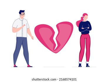 Concept of breaking love relationship. Divorce. Former couple. Conflict between lovers. Broken heart. Parting couple. Attempt to make peace. Vector. Illustration in flat cartoon style.