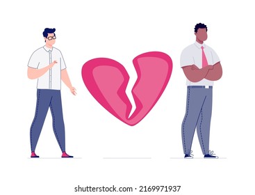 Concept of breaking love relationship. Divorce. Former couple. Conflict between lovers. Broken heart. Parting homosexual couple. Attempt to make peace. Vector. Illustration in flat cartoon.