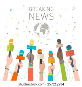 Concept of breaking news / hot uncos /  multicultural hands and microphone / vector illustration