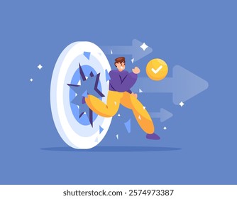 concept of breakthrough or successfully achieving a goal. success to break through and exceed targets. objective and mission. illustration of an employee breaking through a dart board. flat style 