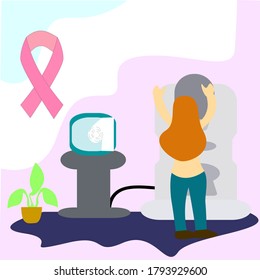 Concept of breast cancer awareness,  Female patient undergoing mammography test in hospital, Breast examination , Breast cancer prevention.