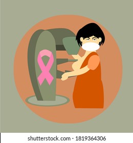 Concept Of Breast Cancer Awareness, Female Patient Undergoing Mammography Test In Hospital With Wearing Face Mask Because Of Pandemic Of Covid-19, Corona Virus.	