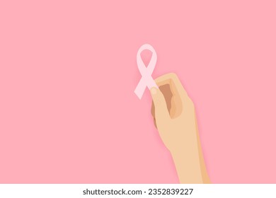 The concept of breast cancer awareness and prevention. The hand holds a pink ribbon symbol to support and fight cancer health. Vector illustration