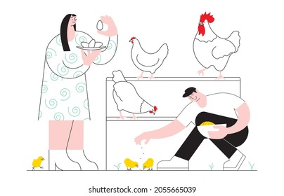 Concept of breeding domestic chicken isolated on white. Young farmer working on a Poultry farm and feeding cute chickens. Woman collects fresh eggs. Flat Art Vector Illustration