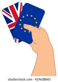concept BREXIT, hand with two playing cards, flag GB and flag EU, referendum 2016 concept, vector illustration