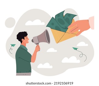 Concept of bribe. Man with loudspeaker holds out envelope with money. Corruption in state, violation of law and crime. Propaganda and fake news, false information. Cartoon flat vector illustration