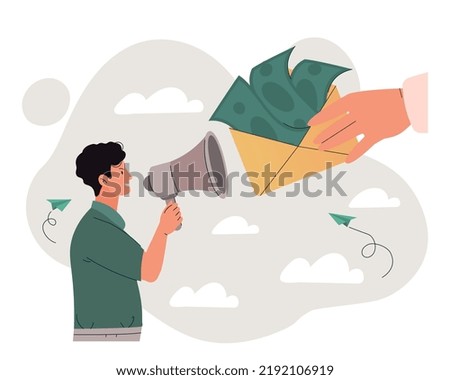 Concept of bribe. Man with loudspeaker holds out envelope with money. Corruption in state, violation of law and crime. Propaganda and fake news, false information. Cartoon flat vector illustration