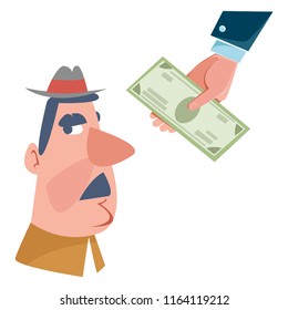 The concept of a bribe or payment. A man who is given money. With space for text. Vector on white background. Cartoon style.