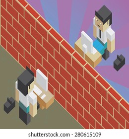 Concept of a brick wall between two workers, in isometric old video game style. The grunge texture is removable from the background. 