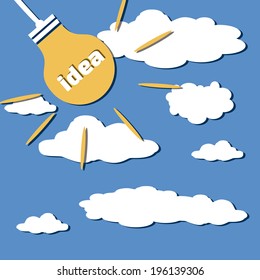 Concept Bright Idea. Lamp with Idea Word Lights in the Sky. Result of Brainstorming, Discussion or Business Meeting. Summer Sky with Clouds.