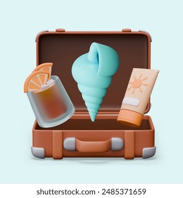 Concept of bright rest. 3D seashell, cocktail, suntan lotion in suitcase
