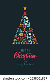 Concepto de árbol de Navidad vectorial brillante en forma de iconos conjuntos. Infografía con insignia.  concepto de ilustración para crear fondo, tarjeta de saludo, sitio web, material de marketing