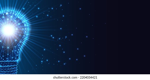 Concept of brilliant business idea with glowing light bulb in futuristic glowing style on dark blue 