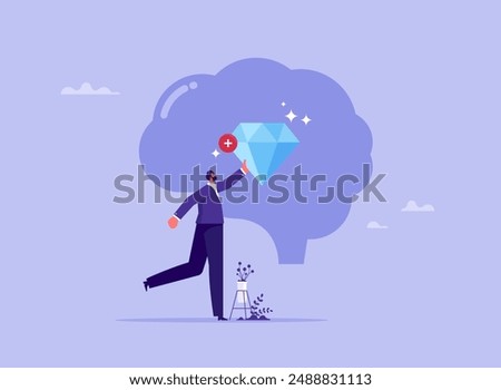 Concept of brilliant mind, building Self-Confidence, Personality Development, businessman adding diamond inside big brain