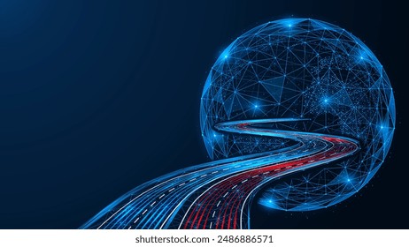 Concept of broadband Internet connection. The road leading to the networked planet. Polygonal design of interconnected lines and dots. Blue background.