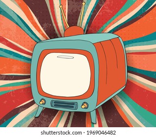 Concept broadcast motion picture - news - advertising - show - video.Hand draw comic old retro TV copy space screen.Vintage television with tube and antenna.Broadcasting. Communication