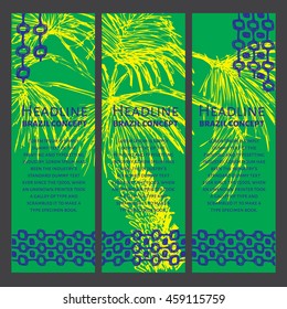 Concept brochure, Web sites, page, leaflet, logo and text separately. Abstract vector template design with colored lines, palm tree and waves. Sport concept banners. Ipanema brazil style pattern.