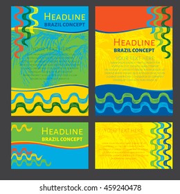 Concept brochure, Web sites, page, leaflet, logo and text separately. Abstract vector template design with colored lines, palm tree and waves. Sport concept banners. Ipanema brazil style pattern.