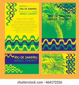 Concept brochure, Web sites, page, leaflet, logo and text separately. Abstract vector template design with colored lines, palm tree and waves. Ipanema, brazil pattern.