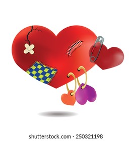 The concept of a broken wounded heart after many relationships, Isolated On White Background, Vector