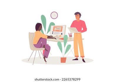 Concept browse social network with people scene in the flat cartoon design. One of the employees will ask a colleague to look at social networks for statistics. Vector illustration.