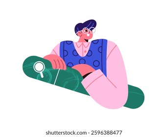 Concept of browsing with search bar. Person does research, surfing the Internet, looking for information in web browser. Character explores with magnifier. Flat isolated vector illustration on white