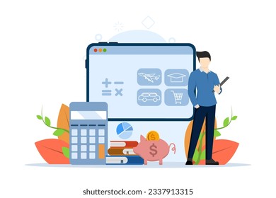 Concept of budget, financial control, dates, finance, personal budget, family money. Personal budget illustration. men draw up a family budget, divide expenditure items. Vector flat cartoon design.