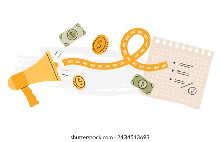 Concept of budget saving. Loudspeaker with string of words, coins, banknotes and counting of funds on note. Banner about financial growth in collage style. Positive call to action. Vector illustration