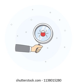 Concept of bug searching. Hand holding magnifying glass, scanning and found  insect, computer virus. Hand drawn style, vector illustration, white background.