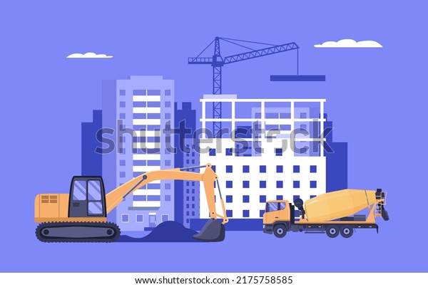The concept of building an apartment\
building in the city. Vector\
illustration.