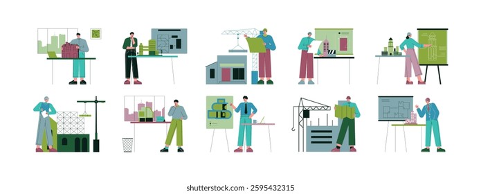 The concept of a building to be built by a professional architect in the form of a building miniature, semi outline style, vector illustration.