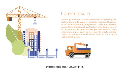 Concepto de construcción de edificios y entrega de materiales a la construcción. Plantilla vectorial con espacio de copia para invitación, tarjetas o banner y afiche, Página de inicio