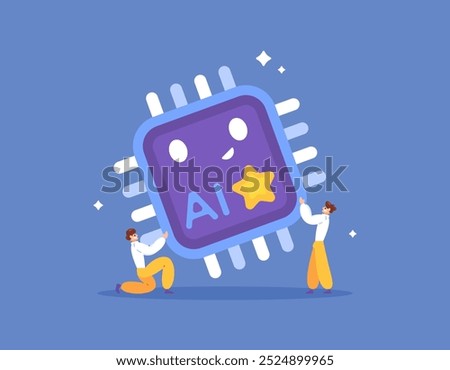 concept of building and developing artificial intelligence technology. creating and optimizing artificial intelligence. illustration of a team of engineers or AI specialists carrying a cpu chip. flat 