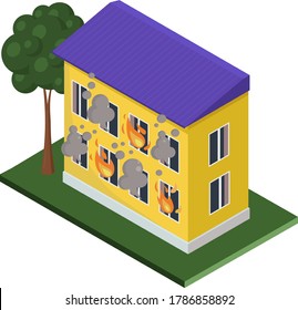 Concept building in fire, conflagration residential building, fire department industry task isolated on white, isometric vector illustration. House standing green grassland, burning tree.